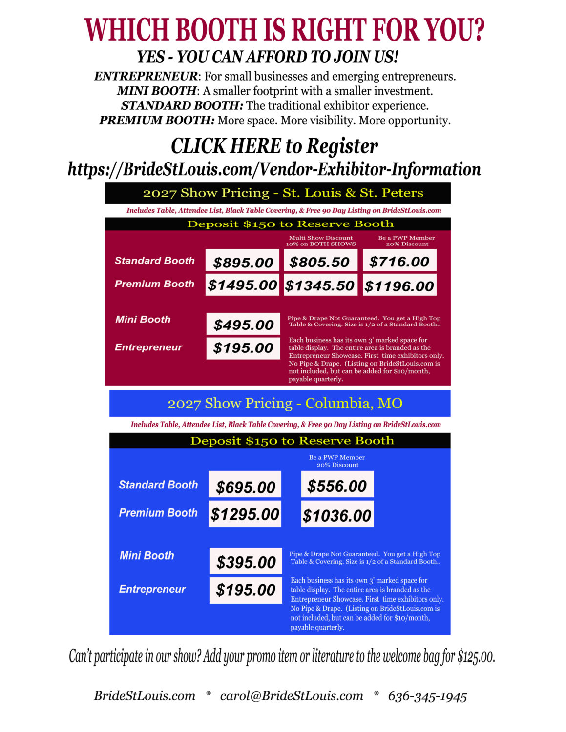 Bride St. Louis and Bride Central Missouri Pricing for Wedding Show Booths